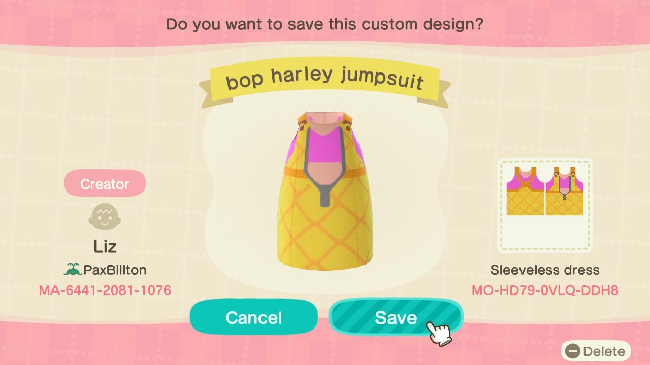 Animal Crossing Design Code: MO-HD79-0VLQ-DDH8 BOP Harley Jumpsuit