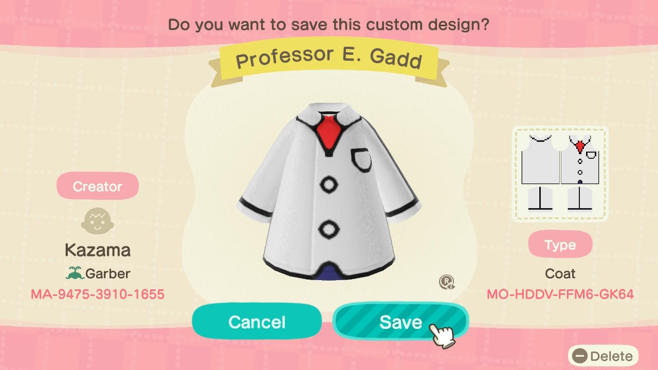 Animal Crossing Design Code: MO-HDDV-FFM6-GK64 Professor E. Gadd