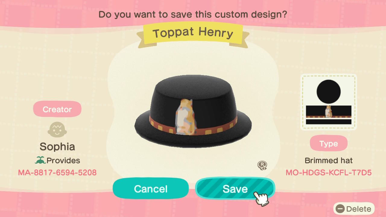 Animal Crossing Design Code: MO-HDGS-KCFL-T7D5 Toppat Henry