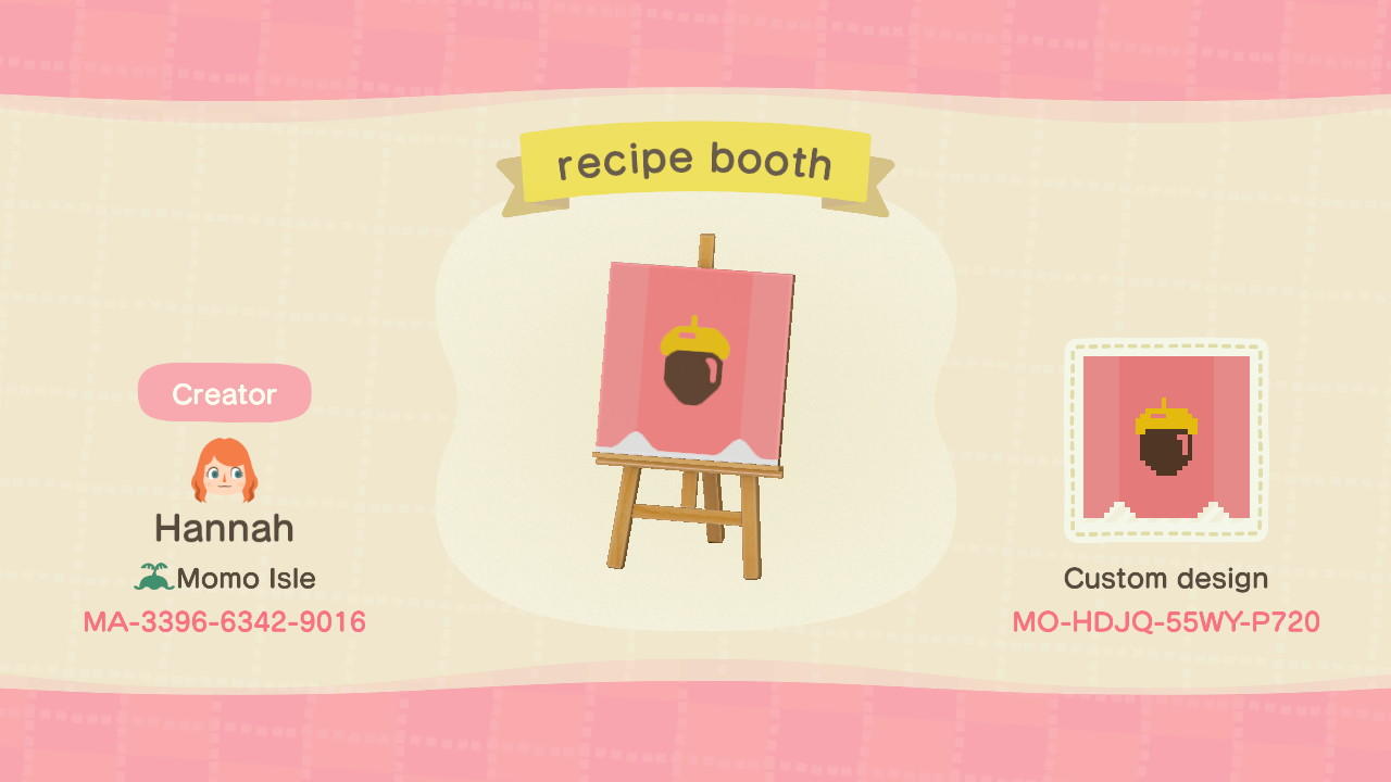 Animal Crossing Design Code: MO-HDJQ-55WY-P720 Recipe Booth