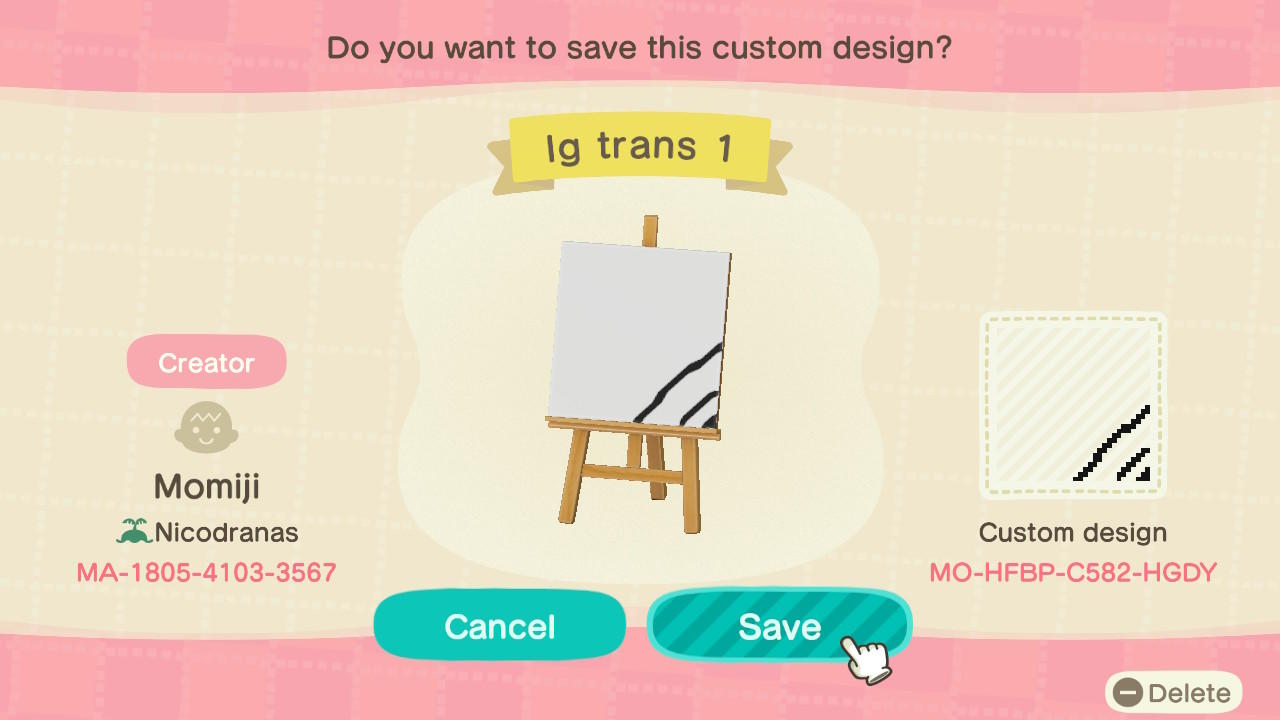 Animal Crossing Design Code: MO-HFBP-C582-HGDY Transmutation 1/8