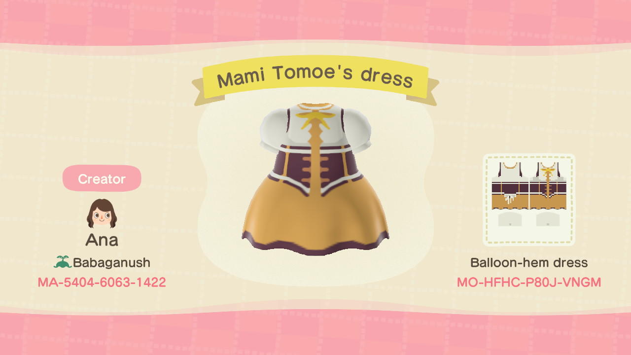 Animal Crossing Design Code: MO-HFHC-P80J-VNGM Mami Tomoe's dress