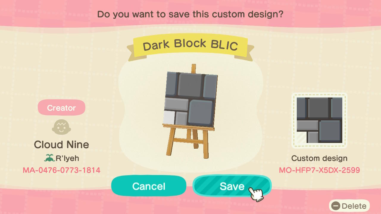 Animal Crossing Design Code: MO-HFP7-X5DX-2599 Dark Block BLIC