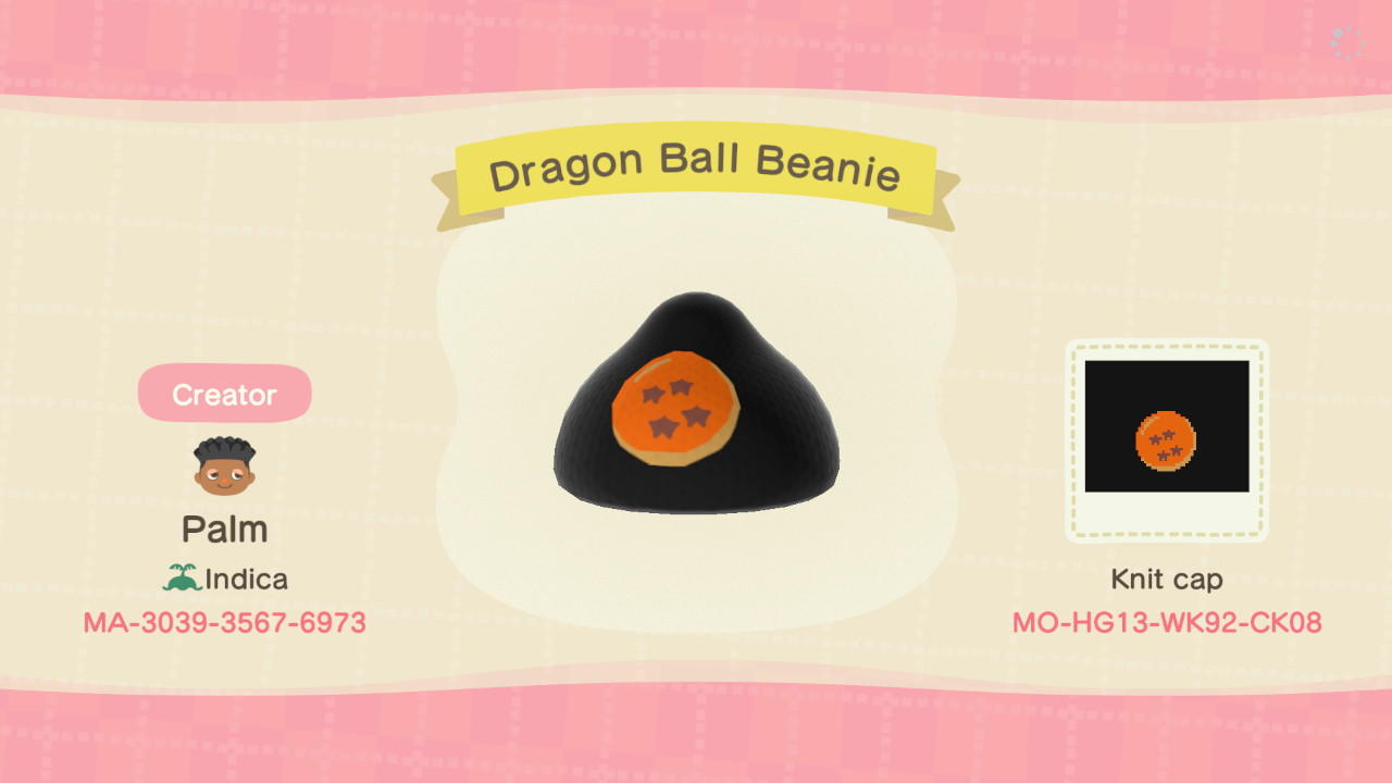 Animal Crossing Design Code: MO-HG13-WK92-CK08 Dragon Ball Beanie