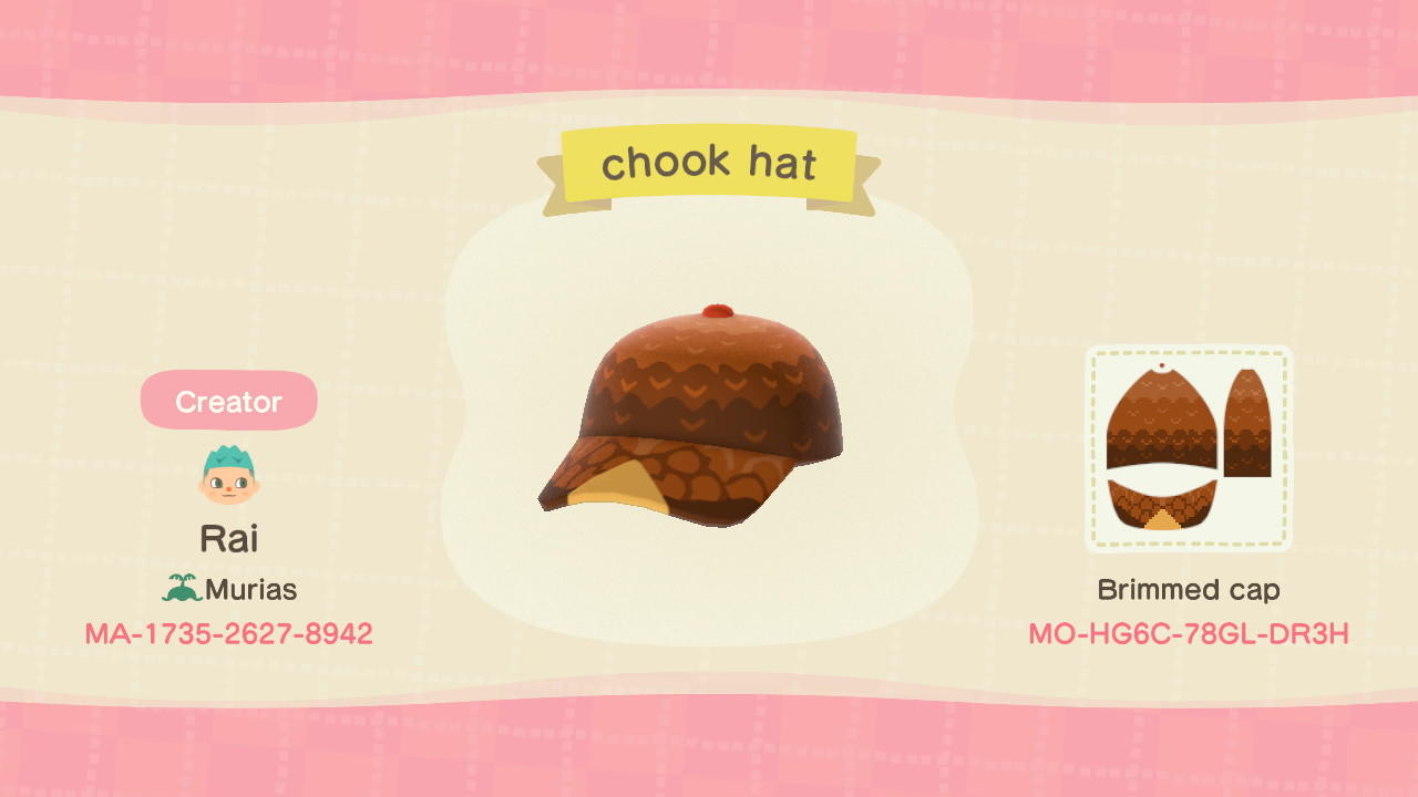 Animal Crossing Design Code: MO-HG6C-78GL-DR3H chook hat