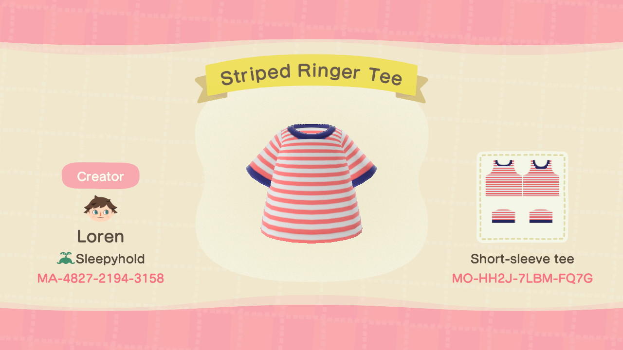 Animal Crossing Design Code: MO-HH2J-7LBM-FQ7G Striped Ringer Tee