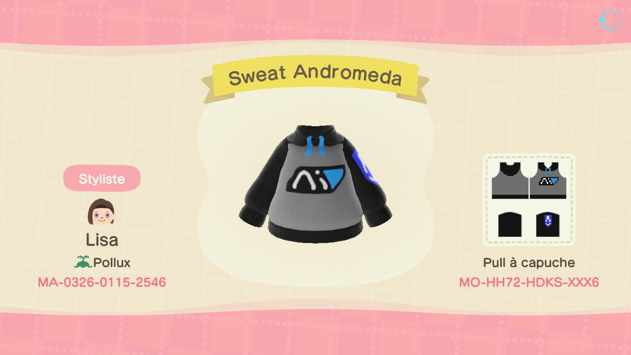 Animal Crossing Design Code: MO-HH72-HDKS-XXX6 Sweat Andromeda