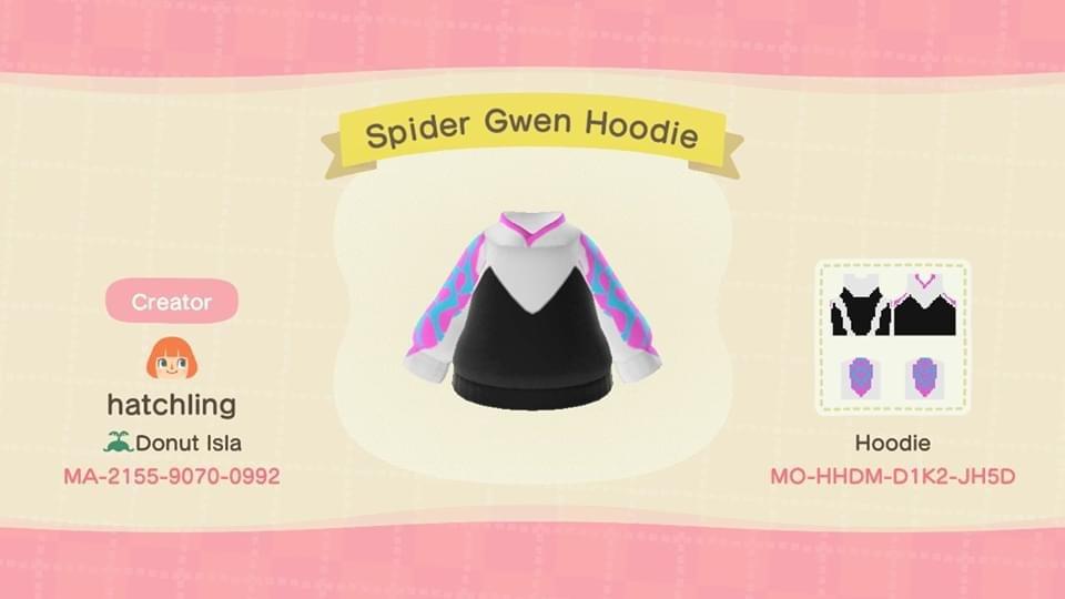 Animal Crossing Design Code: MO-HHDM-D1K2-JH5D Spider Gwen Hoodie
