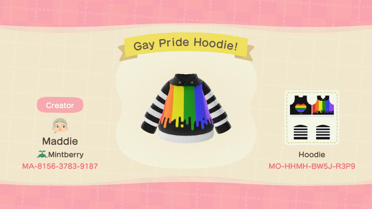 Animal Crossing Design Code: MO-HHMH-BW5J-R3P9 Gay Pride Hoodie