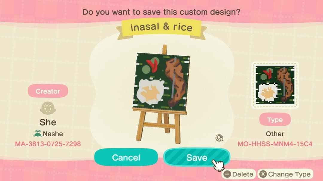 Animal Crossing Design Code: MO-HHSS-MNM4-15C4 inasal & rice