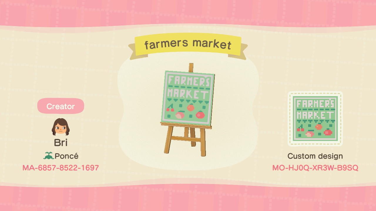 Animal Crossing Design Code: MO-HJ0Q-XR3W-B9SQ Farmers market