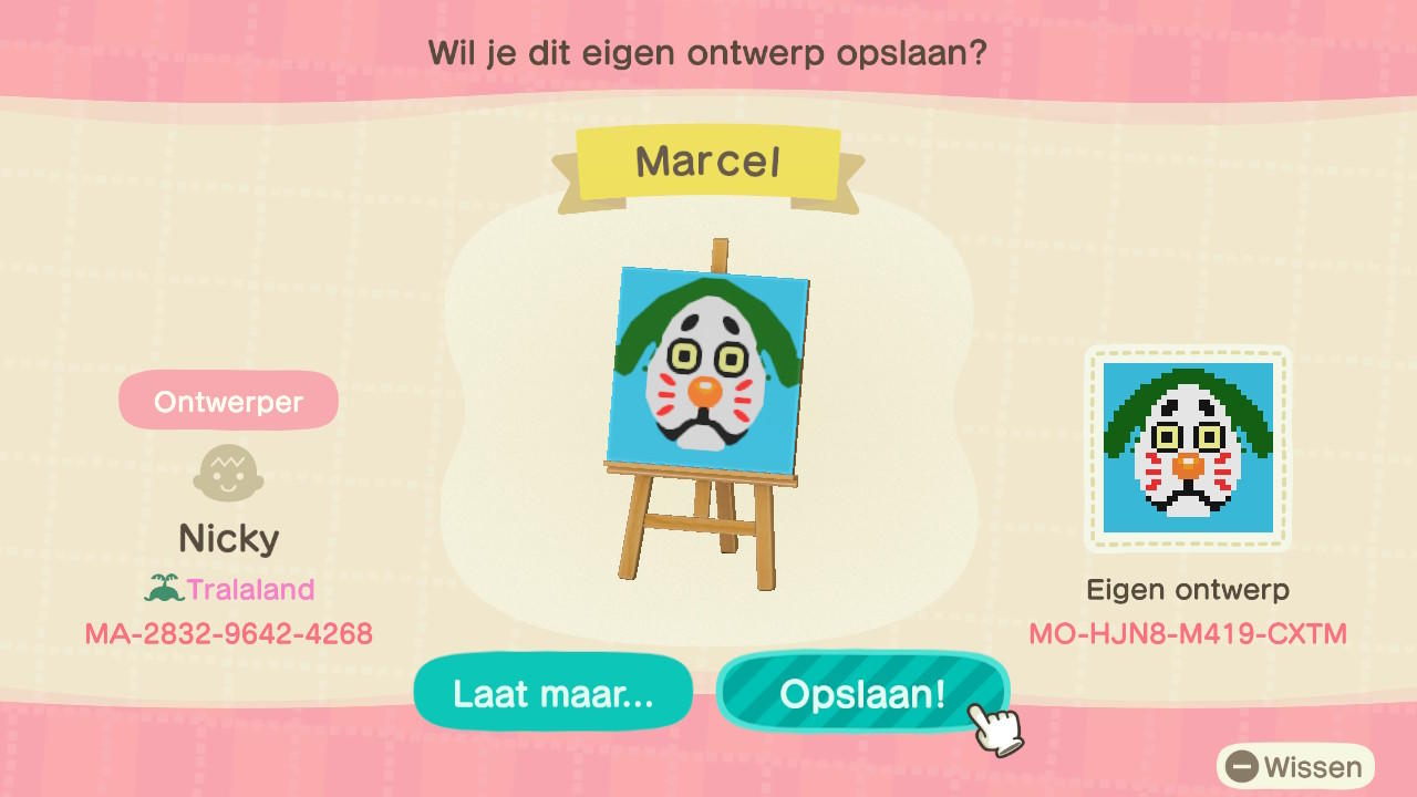 Animal Crossing Design Code: MO-HJN8-M419-CXTM Marcel