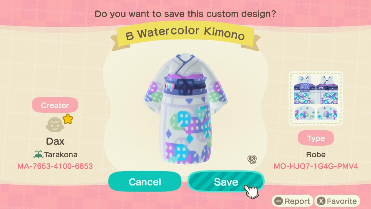 Animal Crossing Design Code: MO-HJQ7-1G4G-PMV4 B Watercolor Kimono