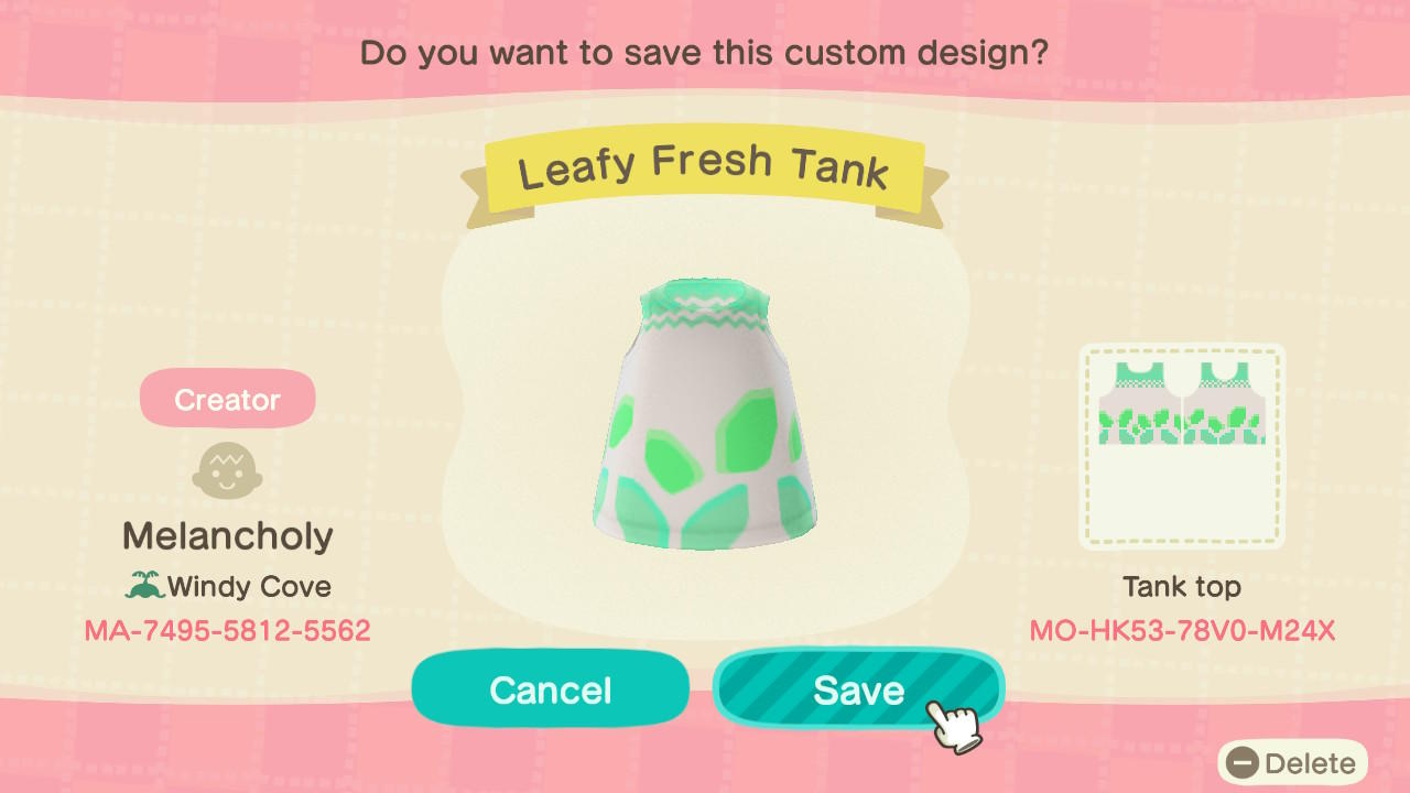 Animal Crossing Design Code: MO-HK53-78V0-M24X Leafy fresh tank