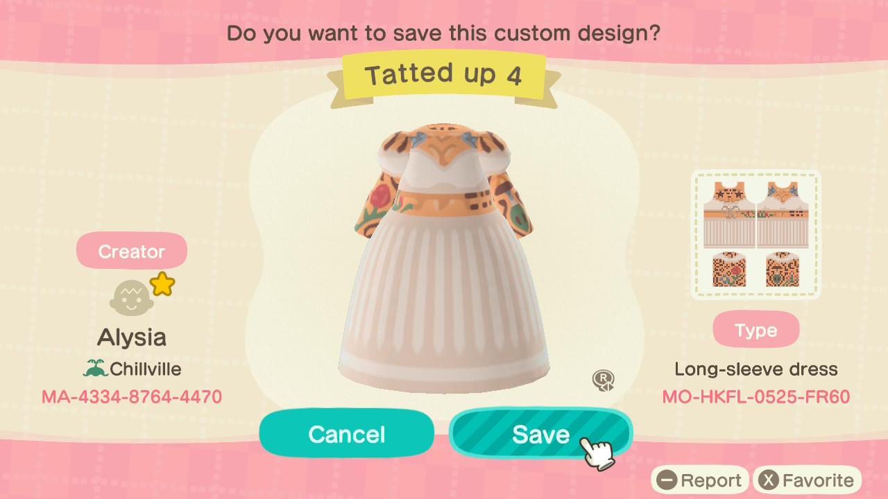 Animal Crossing Design Code: MO-HKFL-0525-FR60 Tatted Up 4