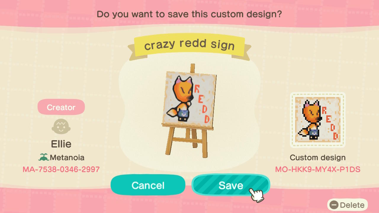 Animal Crossing Design Code: MO-HKK9-MY4X-P1DS crazy redd