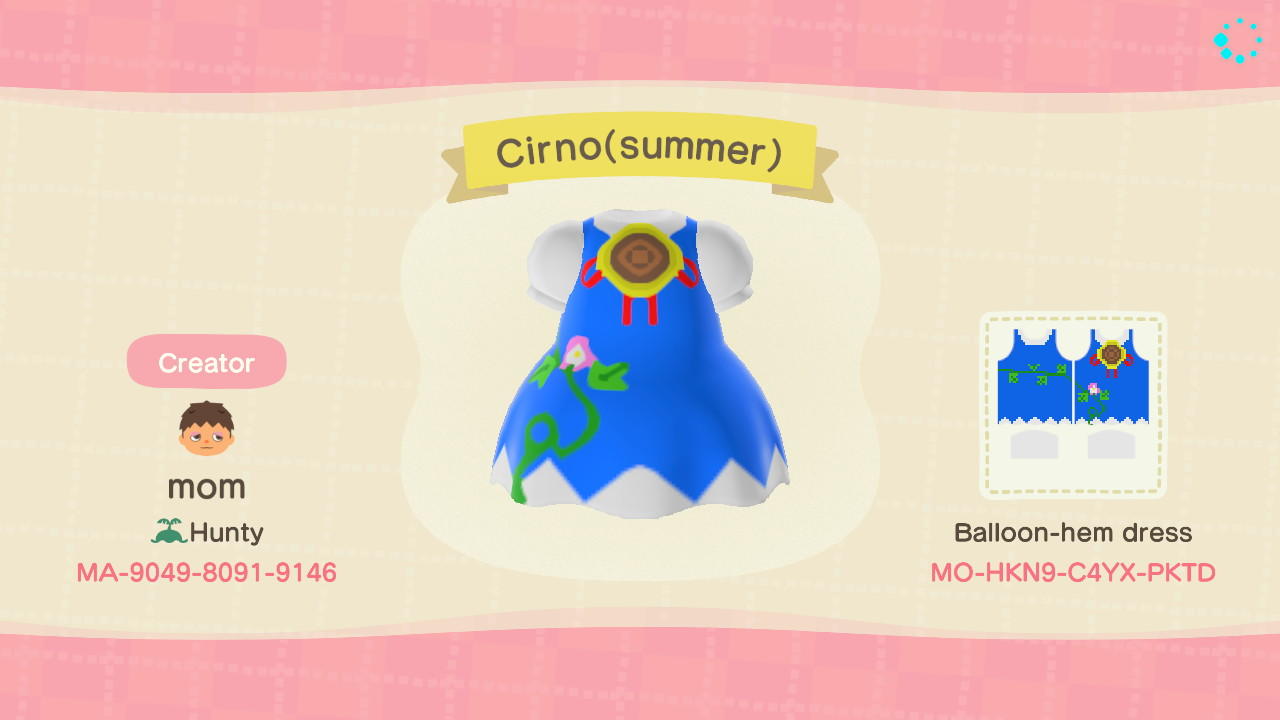 Animal Crossing Design Code: MO-HKN9-C4YX-PKTD Cirno (Summer)