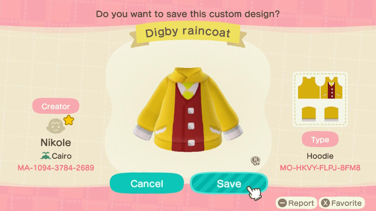 Animal Crossing Design Code: MO-HKVY-FLPJ-8FM8 Digby's Raincoat