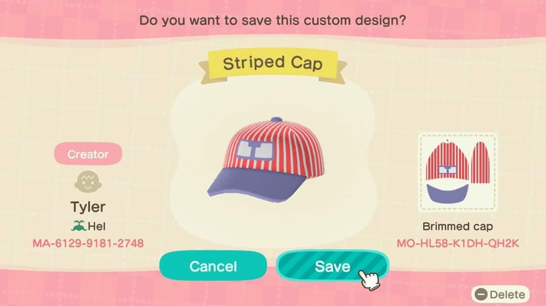 Animal Crossing Design Code: MO-HL58-K1DH-QH2K Striped Cap