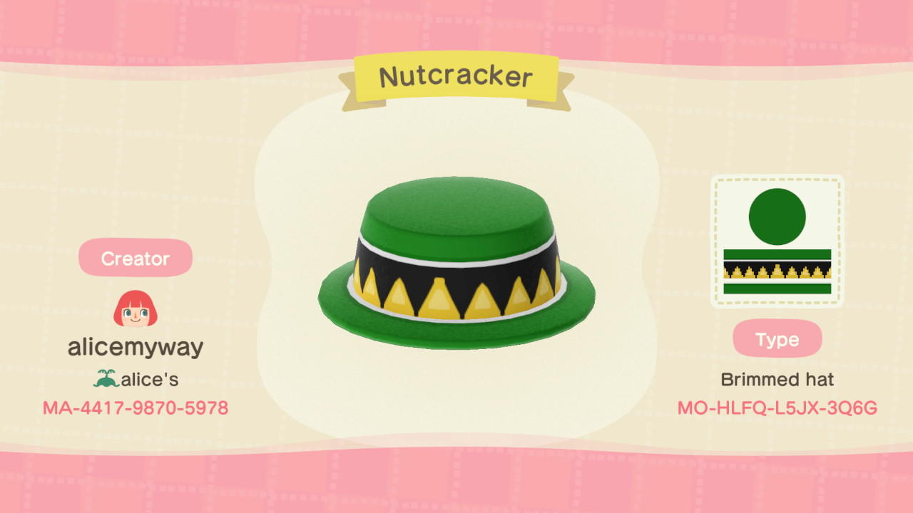 Animal Crossing Design Code: MO-HLFQ-L5JX-3Q6G Nutcracker's hat