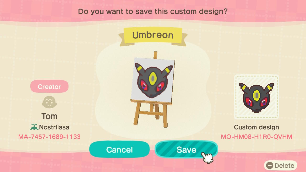 Animal Crossing Design Code: MO-HM08-H1R0-QVHM Umbreon