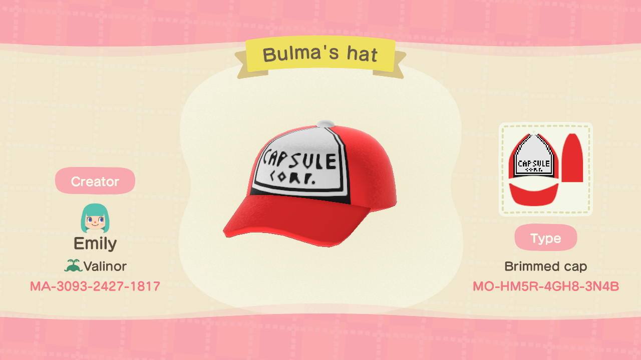 Animal Crossing Design Code: MO-HM5R-4GH8-3N4B Bulma's hat