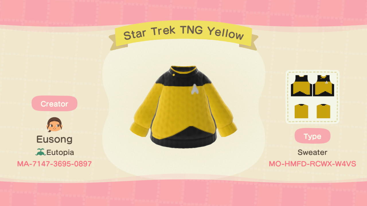 Animal Crossing Design Code: MO-HMFD-RCWX-W4VS Star Trek TNG Yellow