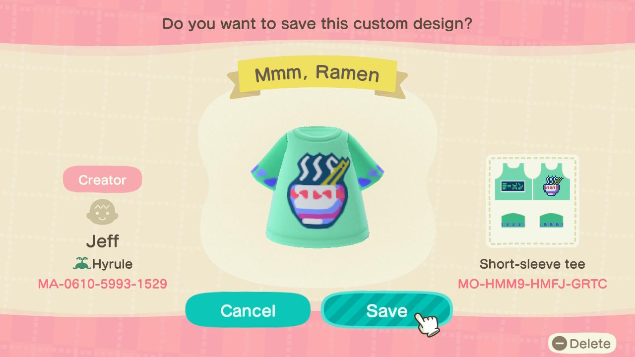 Animal Crossing Design Code: MO-HMM9-HMFJ-GRTC Mmm, Ramen