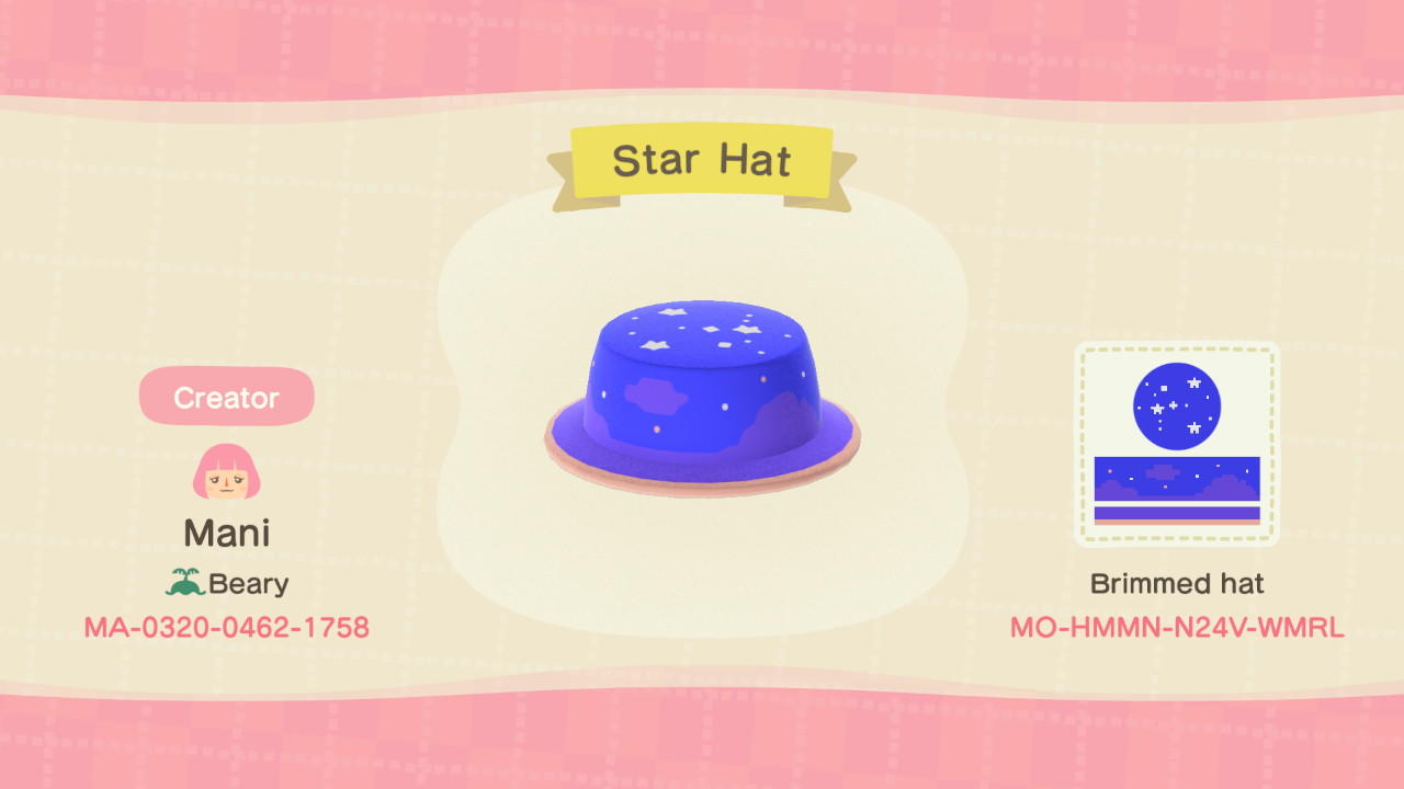 Animal Crossing Design Code: MO-HMMN-N24V-WMRL Star Hat