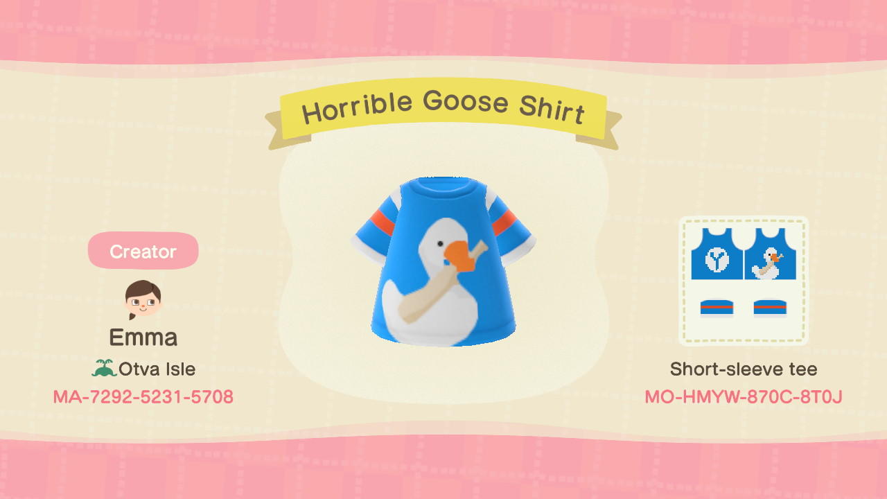 Animal Crossing Design Code: MO-HMYW-870C-8T0J Horrible Goose Shirt