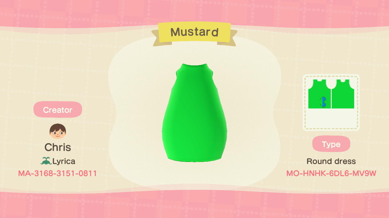 Animal Crossing Design Code: MO-HNHK-6DL6-MV9W Mustard