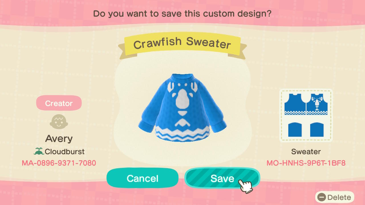 Animal Crossing Design Code: MO-HNHS-9P6T-1BF8 Crawfish Sweater