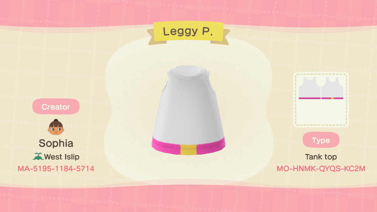 Animal Crossing Design Code: MO-HNMK-QYQS-KC2M Leggy P.