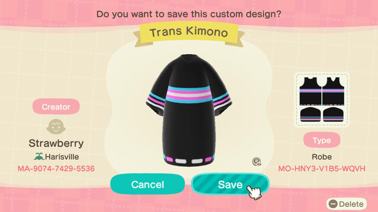 Animal Crossing Design Code: MO-HNY3-V1B5-WQVH Trans Kimono