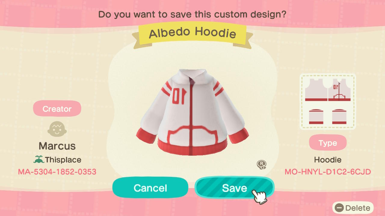 Animal Crossing Design Code: MO-HNYL-D1C2-6CJD Albedo Hoodie