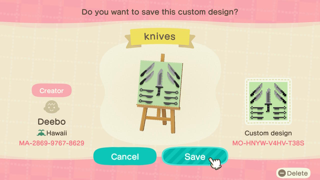 Animal Crossing Design Code: MO-HNYW-V4HV-T38S WeaponsVault Knives