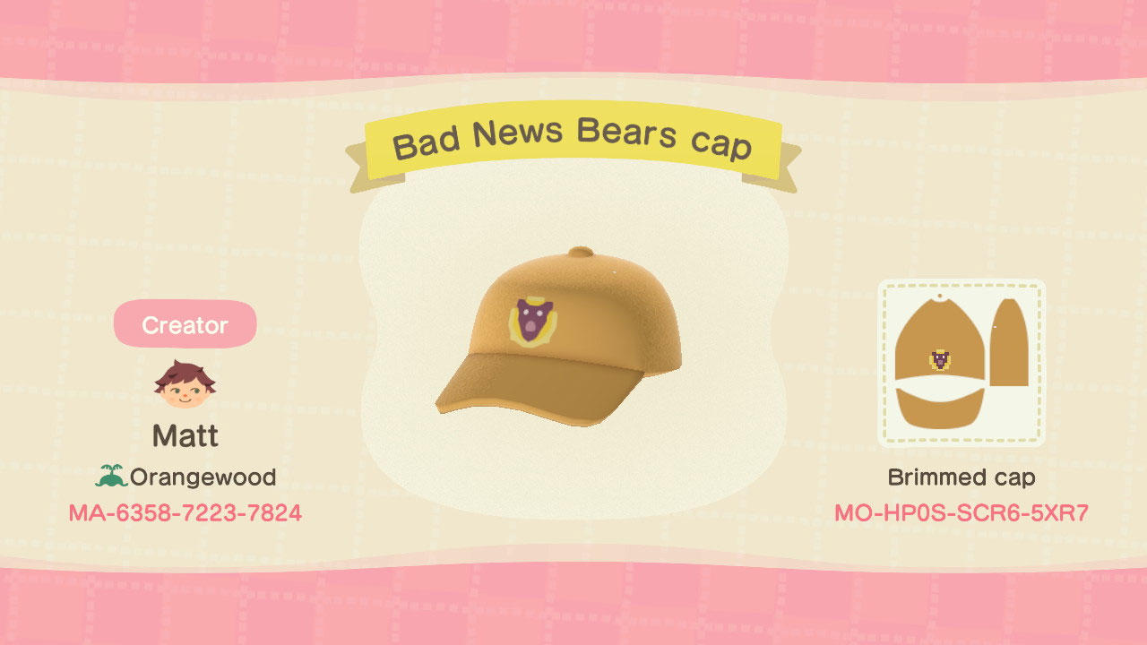 Animal Crossing Design Code: MO-HP0S-SCR6-5XR7 Bad News Bears Hat