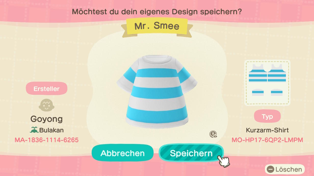 Animal Crossing Design Code: MO-HP17-6QP2-LMPM Mr. Smee