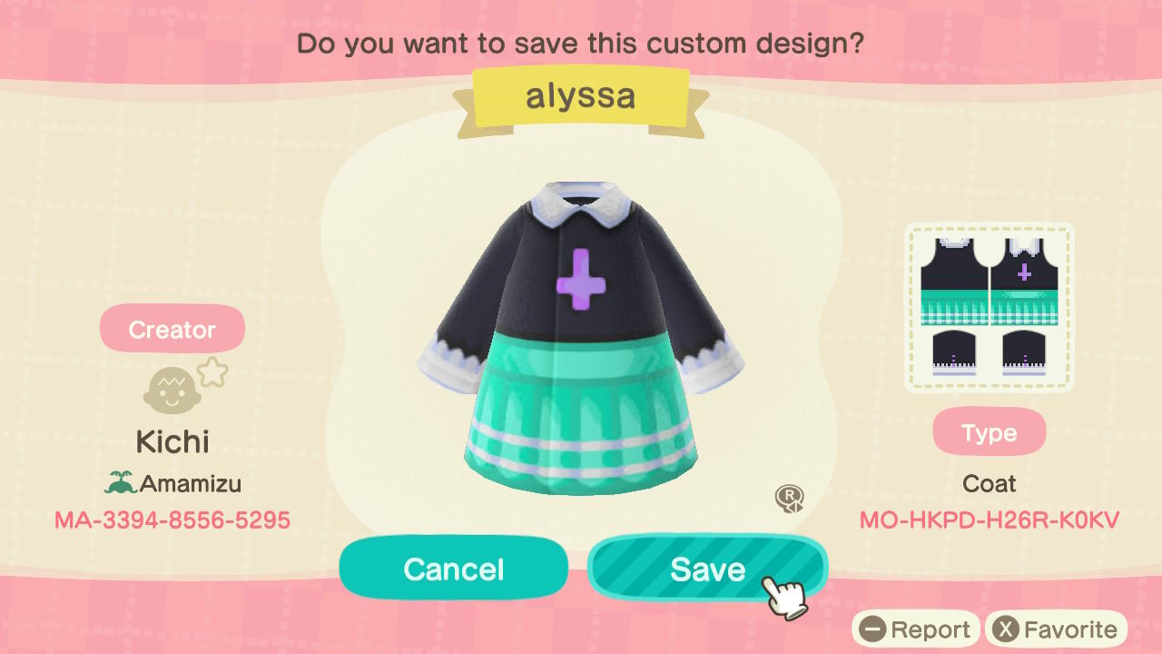 Animal Crossing Design Code: MO-HPKD-H26R-K0KV Alyssa