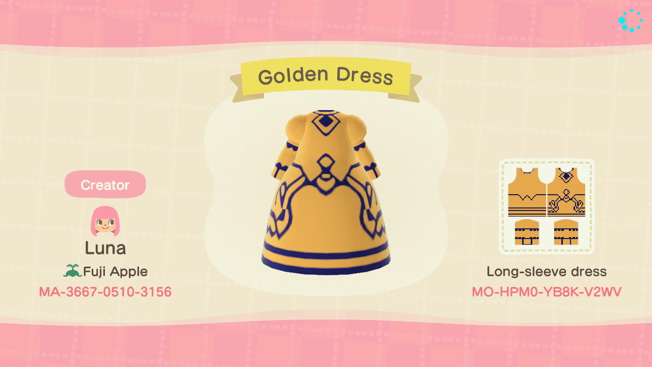 Animal Crossing Design Code: MO-HPM0-YB8K-V2WV Golden Dress