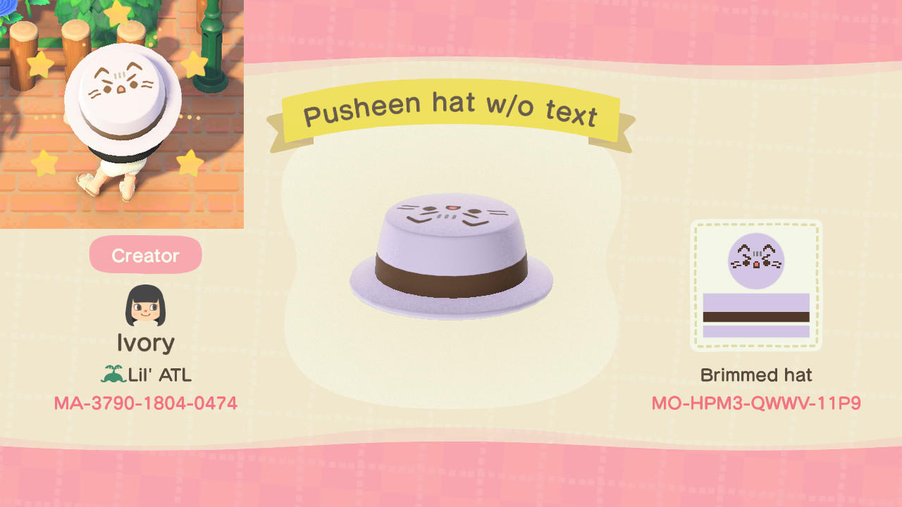 Animal Crossing Design Code: MO-HPM3-QWWV-11P9 Pusheen Hat w/o Text
