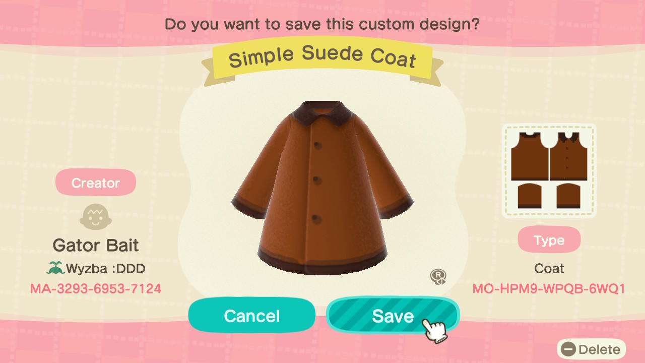 Animal Crossing Design Code: MO-HPM9-WPQB-6WQ1 Simple Suede Coat