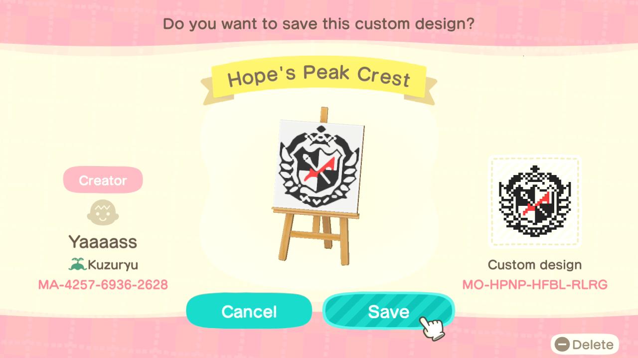 Animal Crossing Design Code: MO-HPNP-HFBL-RLRG Hopes Peak Crest