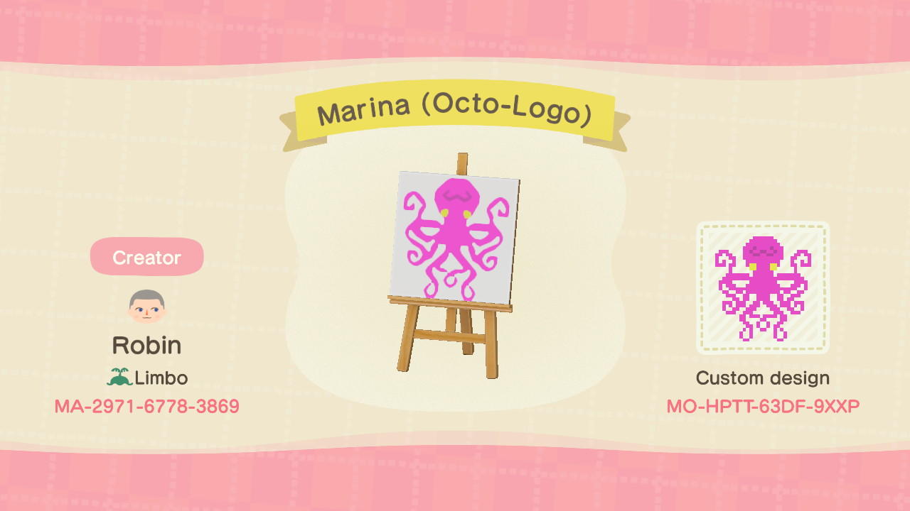 Animal Crossing Design Code: MO-HPTT-63DF-9XXP Marina (Octo-Logo)