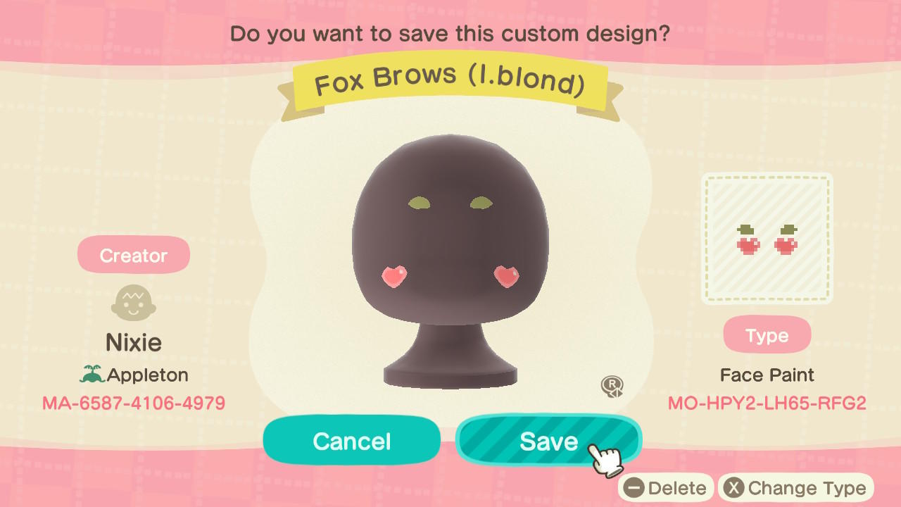 Animal Crossing Design Code: MO-HPY2-LH65-RFG2 Fox Brows (l.blond)