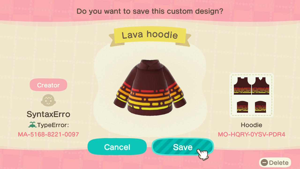 Animal Crossing Design Code: MO-HQRY-0YSV-PDR4 Lava Hoodie