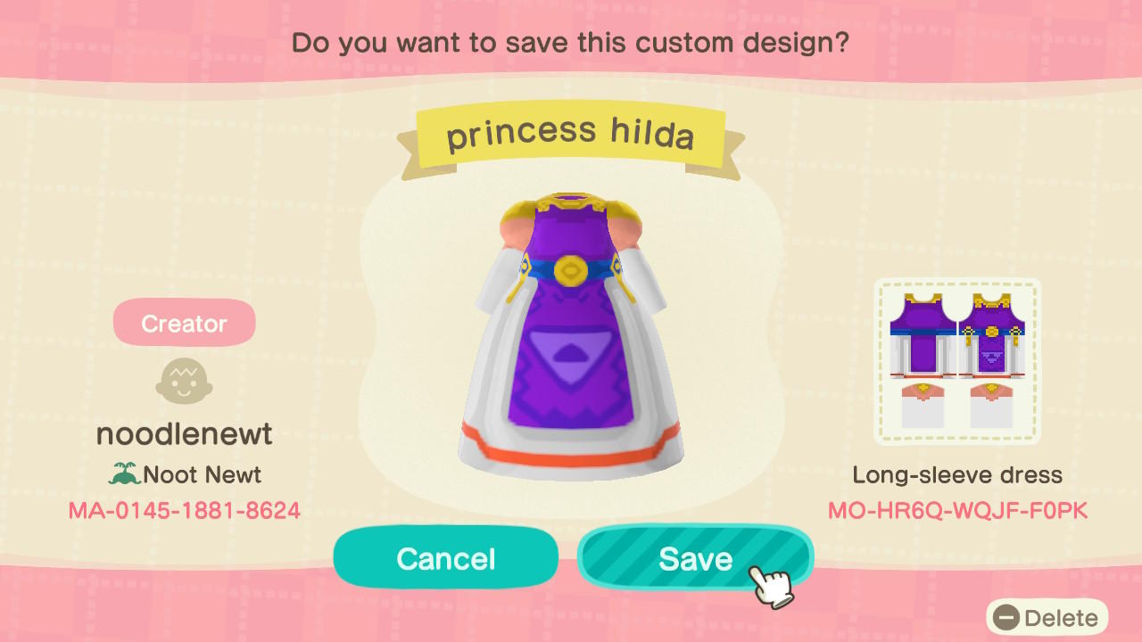 Animal Crossing Design Code: MO-HR6Q-WQJF-F0PK Princess Hilda Dress