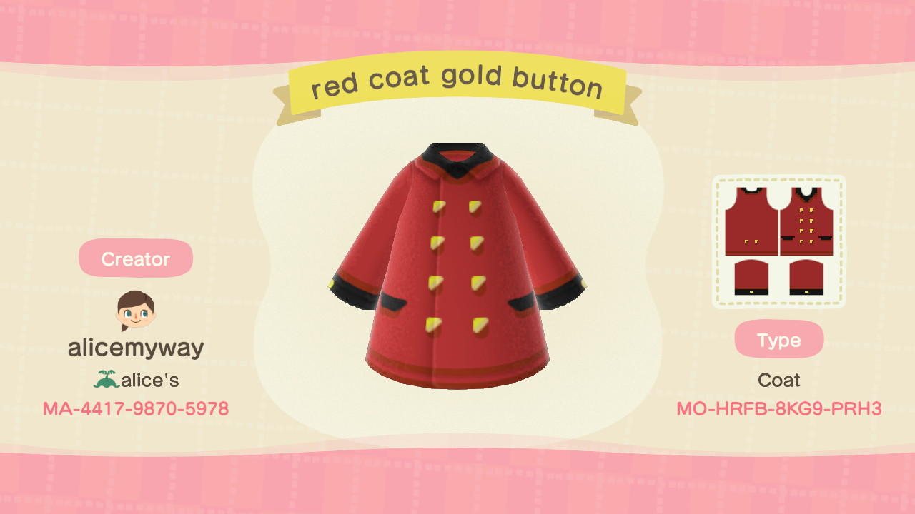 Animal Crossing Design Code: MO-HRFB-8KG9-PRH3 Red coat&gold button