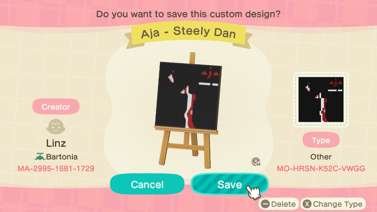 Animal Crossing Design Code: MO-HRSN-K52C-VWGG Steely Dan Aja