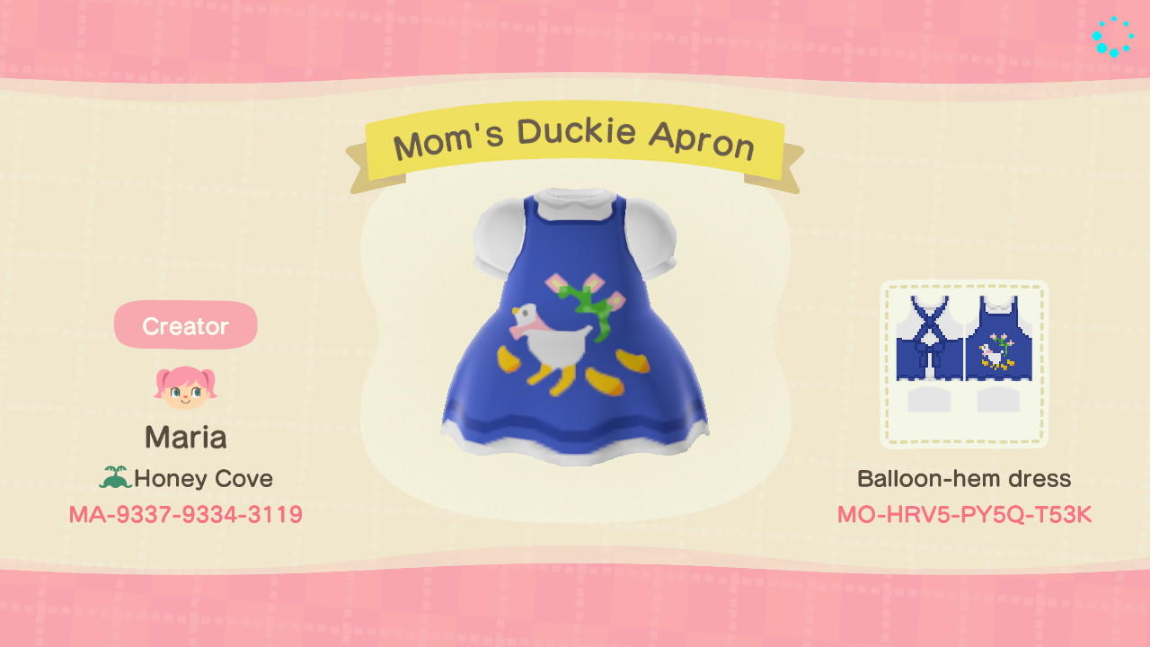 Animal Crossing Design Code: MO-HRV5-PY5Q-T53K Mom's Duckie Apron